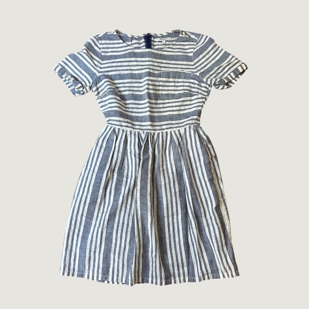 Madewell Fit & Flare Dress Women Blue White Striped Linen Blend SIZE 2